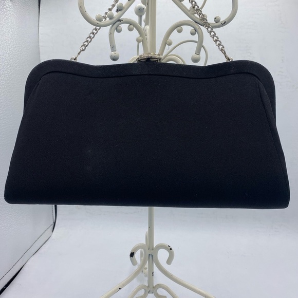 Handbags - Vintage Elegant Black Fabric Clutch With Silver Tone Chain With Jeweled Clasp